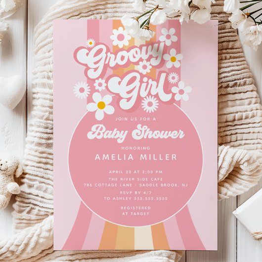 Retro Groovy Girl Baby shower Uitnodiging
