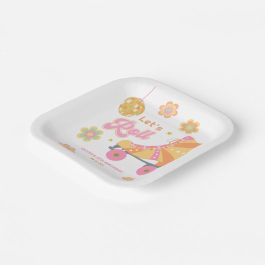 Retro Groovy Girl Roller Schaatsen Verjaardagsfees Papieren Bordje (Gebogen)