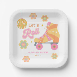 Retro Groovy Girl Roller Schaatsen Verjaardagsfees Papieren Bordje