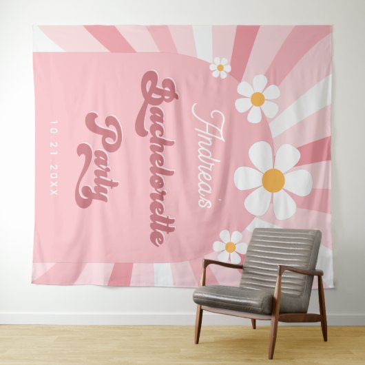 Retro Groovy Girly 70s Bachelorette Party Achtergr Wandkleed (In Situ (horizontaal))