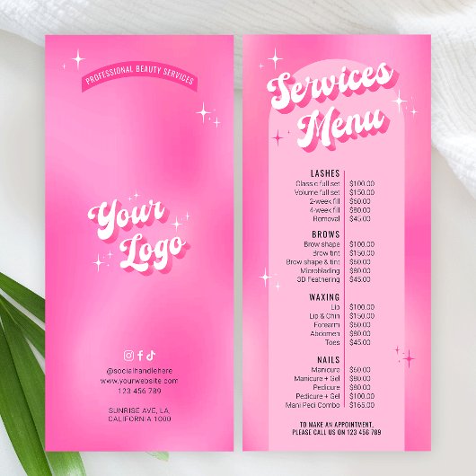 Retro Groovy Girly Pink Salon Nails Spa prijslijst Reclamekaart