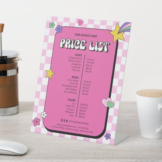 Retro Groovy Girly Roze Make-up Wimpers Prijslijst Reclamebord Met Voetstuk (Insitu)