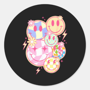 Retro Groovy Glimlach Gezicht Bloem Gelukkig Gezic Ronde Sticker