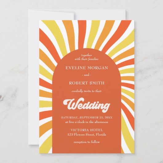 Retro groovy golven sinaasappel geel zon bruiloft kaart (Voorkant)