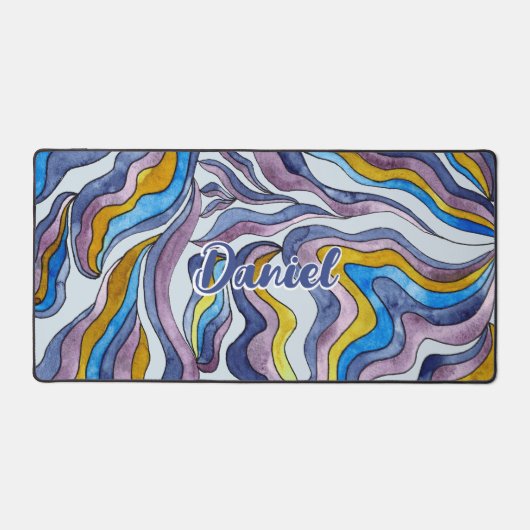 Retro Groovy Groen Blauw Paarse golvende scriptnaa Bureaumat (Voorkant)