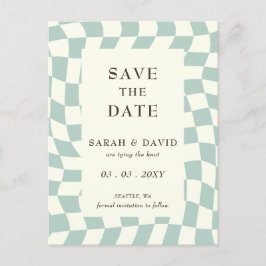 Retro Groovy Groen Checkerboard Bruiloft Aankondigingskaart