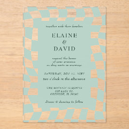 Retro Groovy Groen Checkerboard Bruiloft Acryl Uitnodigingen