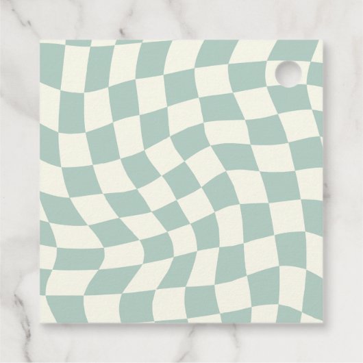 Retro Groovy Groen Checkerboard Bruiloft Bedankjes Labels (Achterkant)