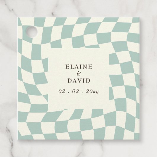 Retro Groovy Groen Checkerboard Bruiloft Bedankjes Labels (Voorkant)