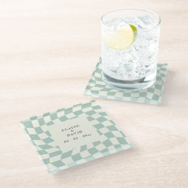 Retro Groovy Groen Checkerboard Bruiloft Glazen Onderzetter