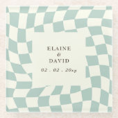 Retro Groovy Groen Checkerboard Bruiloft Glazen Onderzetter (Voorkant)