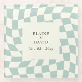 Retro Groovy Groen Checkerboard Bruiloft Glazen Onderzetter