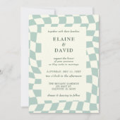 Retro Groovy Groen Checkerboard Bruiloft Kaart (Voorkant)