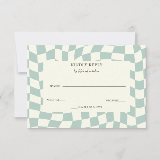 Retro Groovy Groen Checkerboard Bruiloft RSVP Kaartje (Voorkant)