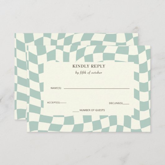 Retro Groovy Groen Checkerboard Bruiloft RSVP Kaartje (Voorkant / Achterkant)