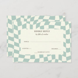 Retro Groovy Groen Checkerboard Bruiloft RSVP Kaartje