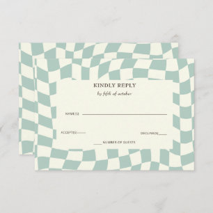 Retro Groovy Groen Checkerboard Bruiloft RSVP Kaartje