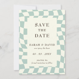 Retro Groovy Groen Checkerboard Bruiloft Save The Date