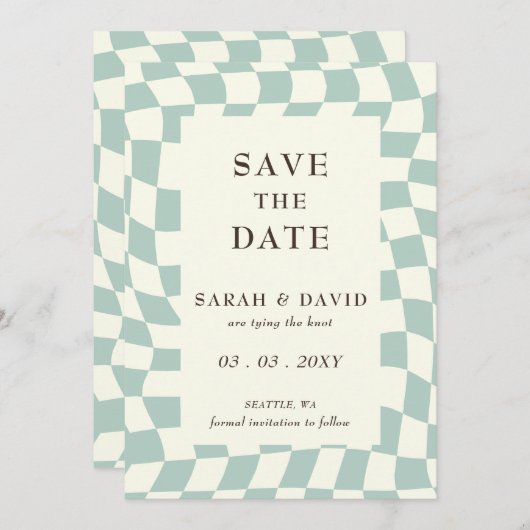 Retro Groovy Groen Checkerboard Bruiloft Save The Date (Voorkant / Achterkant)