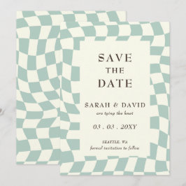 Retro Groovy Groen Checkerboard Bruiloft Save The Date