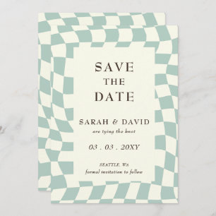 Retro Groovy Groen Checkerboard Bruiloft Save The Date