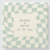 Retro Groovy Groen Checkerboard Bruiloft Stenen Onderzetter (Voorkant)