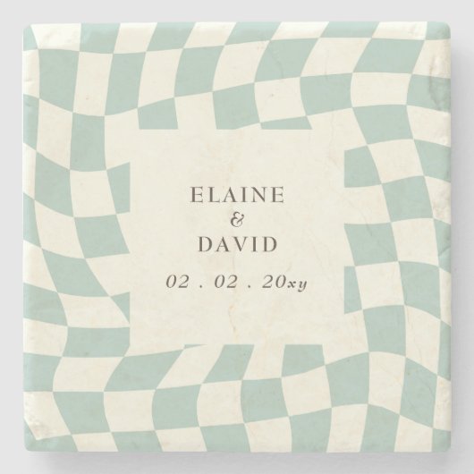 Retro Groovy Groen Checkerboard Bruiloft Stenen Onderzetter (Voorkant)