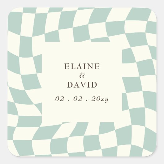 Retro Groovy Groen Checkerboard Bruiloft Vierkante Sticker (Voorkant)