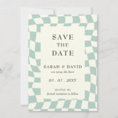 Retro Groovy Groen Checkerboard Foto Save The Date (Voorkant)