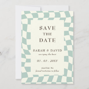 Retro Groovy Groen Checkerboard Foto Save The Date