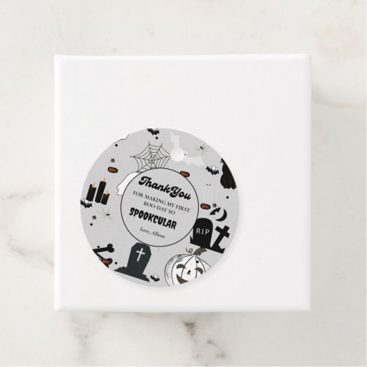 Retro groovy Halloween eerste verjaardag Dank U Bedankjes Labels (In situ)