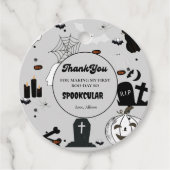 Retro groovy Halloween eerste verjaardag Dank U Bedankjes Labels (Voorkant)