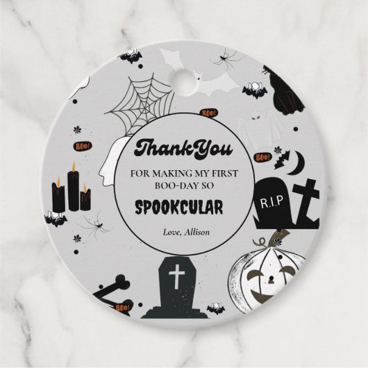 Retro groovy Halloween eerste verjaardag Dank U Bedankjes Labels (Voorkant)