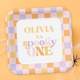 Retro Groovy Halloween eerste verjaardag Papieren Bordje