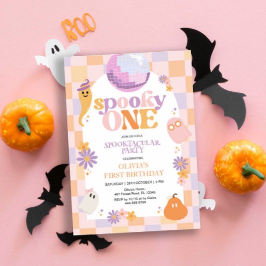 Retro Groovy Halloween Eerste Verjaardag Uitnodigi Kaart