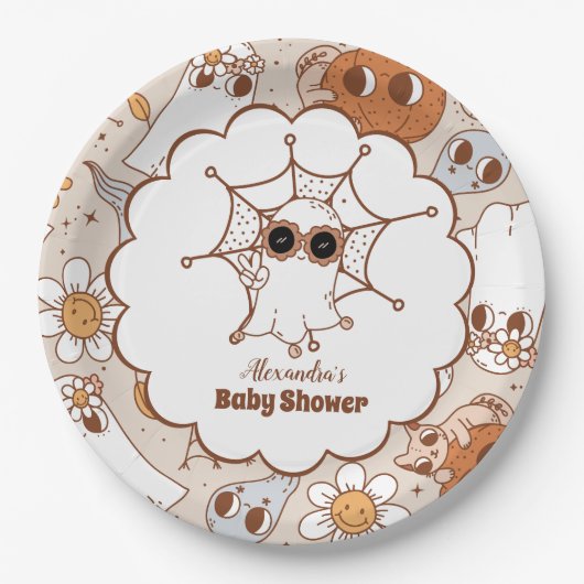 Retro Groovy Halloween Little Boo Baby shower Papieren Bordje (Voorkant)