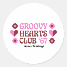 Retro Groovy Hearts Club '67 Roze Bruine Valentijn Ronde Sticker