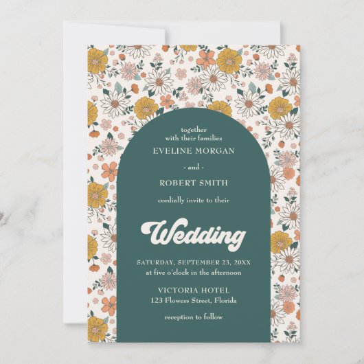 Retro groovy herfst bloemen boog bruiloft kaart (Voorkant)