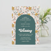 Retro groovy herfst bloemen boog bruiloft kaart (Staand voorkant)