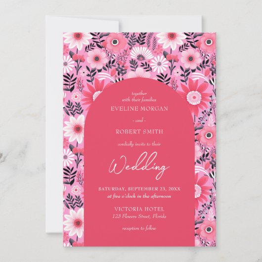 Retro groovy hete roze en witte bloemen kaart (Voorkant)