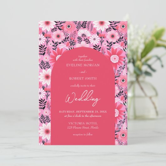 Retro groovy hete roze en witte bloemen kaart (Staand voorkant)