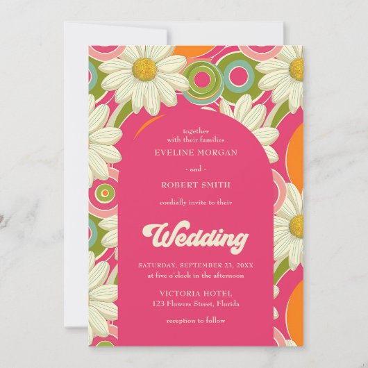 Retro groovy hete roze sinaasappel en witte madeli kaart (Voorkant)