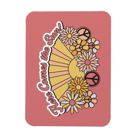 Retro Groovy | Hier komt de  afbeelding van de zon Magneet (Verticaal)