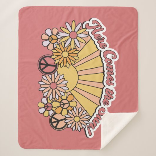 Retro Groovy | Hier komt de  afbeelding van de zon Sherpa Deken (Voorkant)