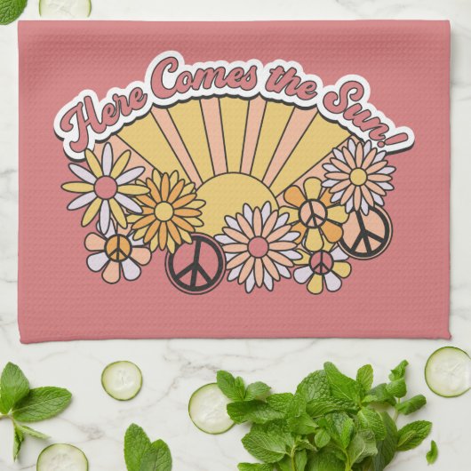 Retro Groovy | Hier komt de afbeelding van de zon Theedoek (Gevouwen)