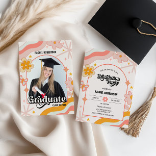 Retro Groovy Hippie Bloem Foto Afstuderen Kaart