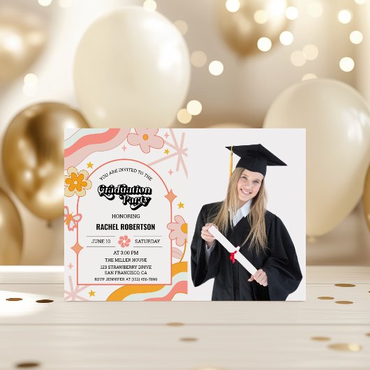 Retro Groovy Hippie Bloem Foto Afstuderen Kaart