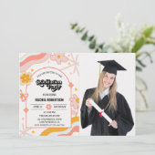Retro Groovy Hippie Bloem Foto Afstuderen Kaart (Staand voorkant)