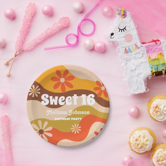 Retro Groovy Hippie Bloem Zoet 16 Papieren Bordje (Feest)