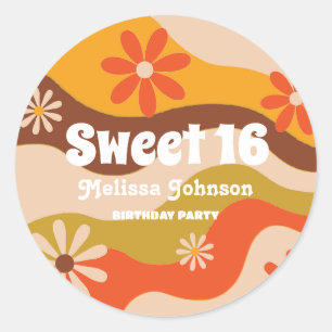 Retro Groovy Hippie Bloem Zoet 16 Verjaardag Ronde Sticker